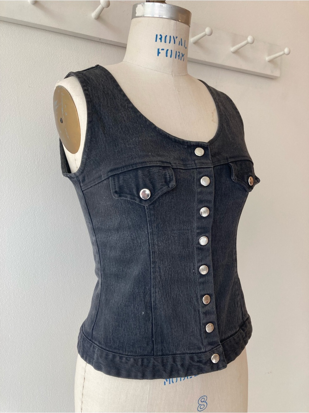 Rare Vintage Lip Service Black Stretch Denim Snap Front Vest / 90s -Y2K